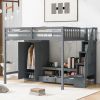 Full Size Loft Bed Frame with Wardrobe,Low Storage Table and Storage Staircase,Gray