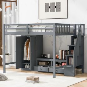 Full Size Loft Bed Frame with Wardrobe,Low Storage Table and Storage Staircase,Gray