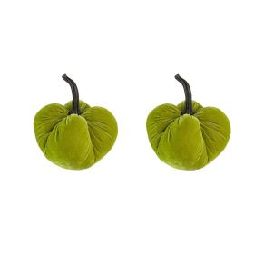 Set of 2, 8.5x8.5x10"H Velvet Weighted Pumpkin With Resin Stem Apple Green