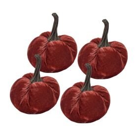 4.3x4.3x6"H Velvet Weighted Pumpkin W/Resin Stem Rusty Orange, Set of 4