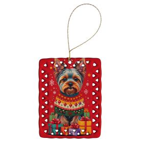 Yorkshire Terrier Holiday Christmas Porcelain Ornament Christmas Tree Hanging Decorations for Home Christmas Holiday, Rectangle, Gift, Multicolor