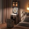 Small Vanity Desk with Mirror and LED Lights, Makeup Table with Charging Station and drawers and Storage Shelves for Small Space