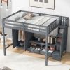 Full Size Loft Bed Frame with Wardrobe,Low Storage Table and Storage Staircase,Gray