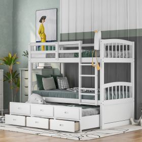 Twin over Twin Wood Bunk Bed with Trundle and Drawers (Color: White)